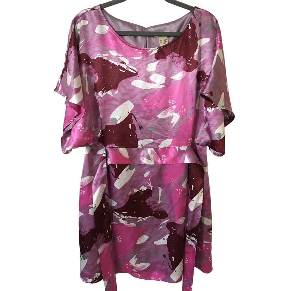 Vertigo Paris Large Pink Lavender Maroon White Gray Belted Kimono Sleeve Dress - Picture 2 of 4
